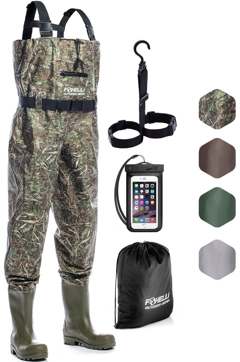 Foxelli Chest Waders â€“ Waterproof 2-ply Nylon/PVC Camo Hunting Fishing Waders for Men and Women with Boots - Image 1
